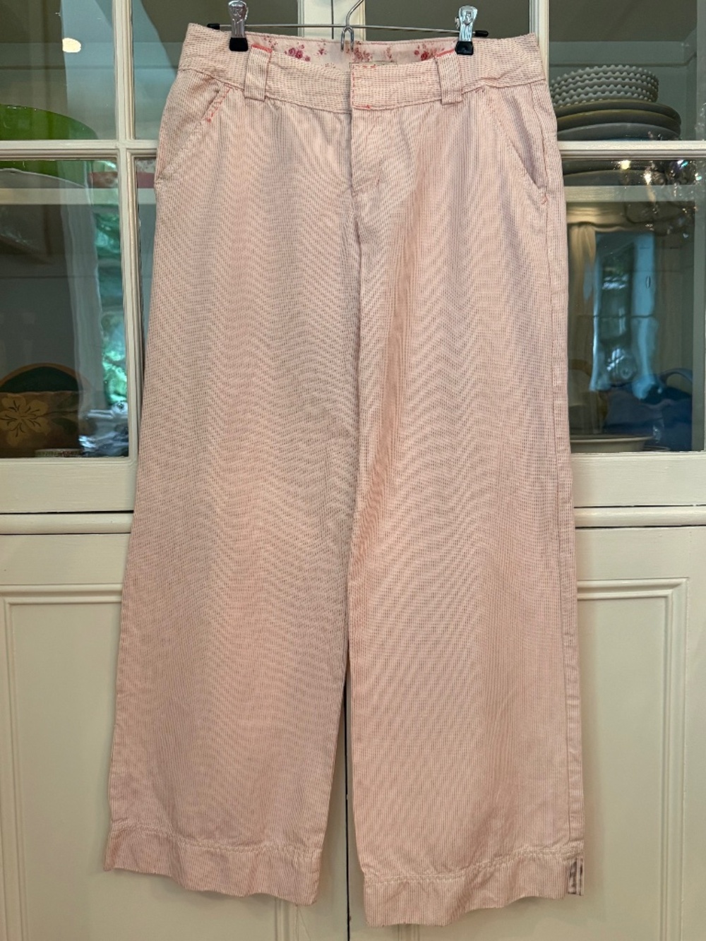 Free People Cotton Linen Pink Striped Pants, Size 10, Wide Leg, Medium Rise